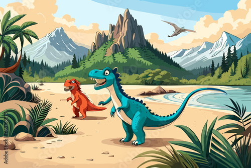 Join the Jurassic Jamboree A Cartoon Dinosaur Extravaganza Igniting Children's Playful Spirits and Transporting Them to a World of Wholesome and Dino-tastic Adventures © AmegSu