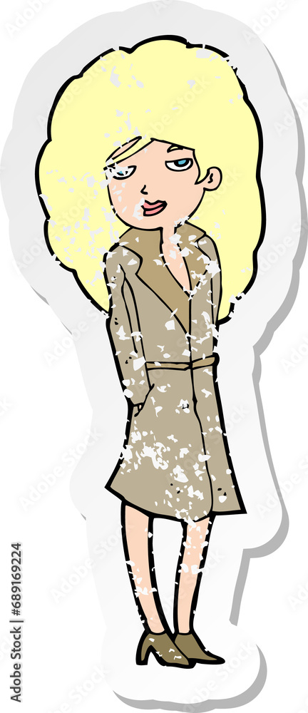 retro distressed sticker of a cartoon female spy retro distressed sticker of a cartoon female spy