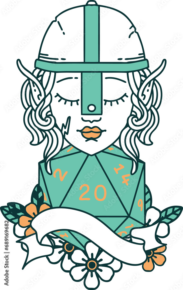 Retro Tattoo Style elf fighter with natural twenty dice roll Retro Tattoo Style elf fighter with natural twenty dice roll