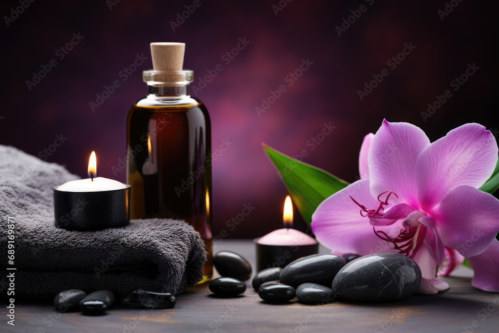 Spa composition with Carnation flower essential oil, zen stones and towels Spa composition with Carnation flower essential oil, zen stones and towels