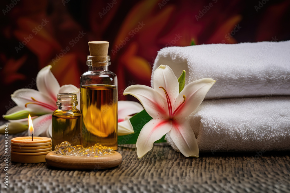 Spa composition with Lily flower essential oil and towels Spa composition with Lily flower essential oil and towels