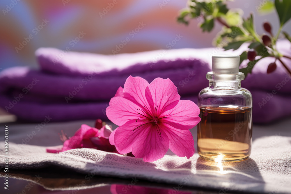 Spa composition with geranium flower essential oil, zen stones and towels Spa composition with geranium flower essential oil, zen stones and towels