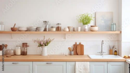 Nice tidy kitchen with a wooden kitchen counter and white walls