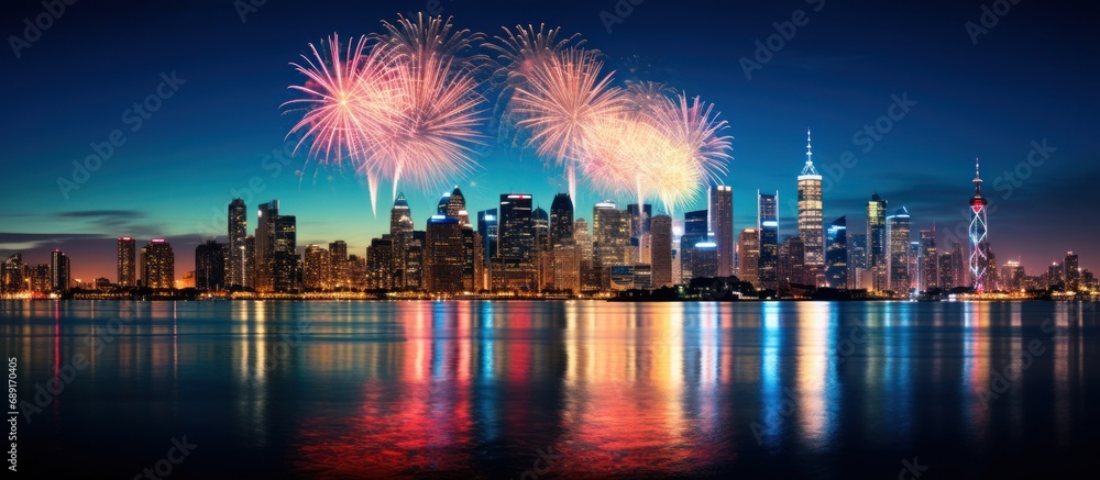 Colorful Fireworks over City skyline long exposure with beautiful dark blue sky