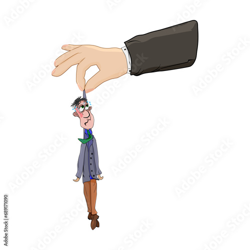Big hand holding small man isolated on white background. Huge hand holding a small businessman. Man gets fired from job. Competition in market. Conflicts at work. Stock vector illustration