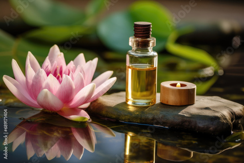 Spa composition with Water Lily flower, essential oil and towels