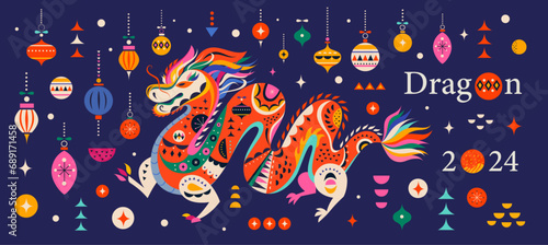 Fototapeta Naklejka Na Ścianę i Meble -  Happy New Year 2024 concept design. Chinese dragon vector illustration. Happy Chinese New Year 2024 vector design. Symbol of 2024. Year of the Dragon. 