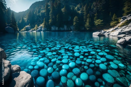 close up view,the beautiful lake water of blue color, with the rocks in the water, sunlight reflecting the water