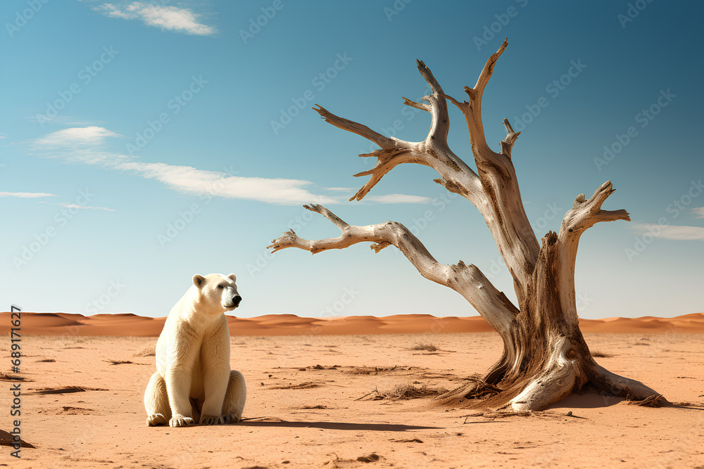 A polar bear in the desert, a concept of loss of agricultural land, rainfall and climate change - obrazy, fototapety, plakaty 