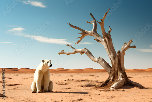 A polar bear in the desert, a concept of loss of agricultural land, rainfall and climate change photo