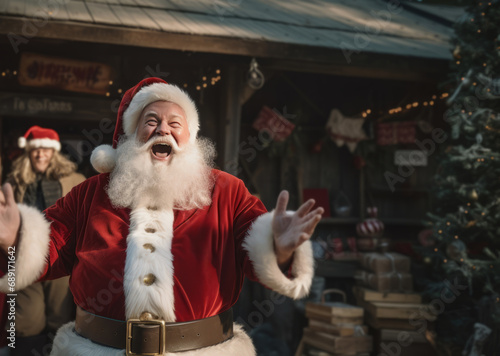Happy Santa Claus laughing in front of a Christmas market stall.