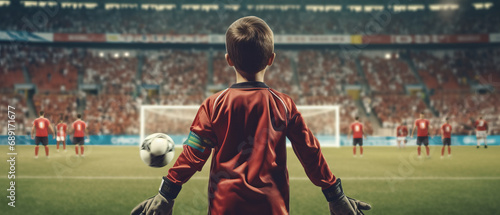 9 year old goalkeeper standing in the stadium photo