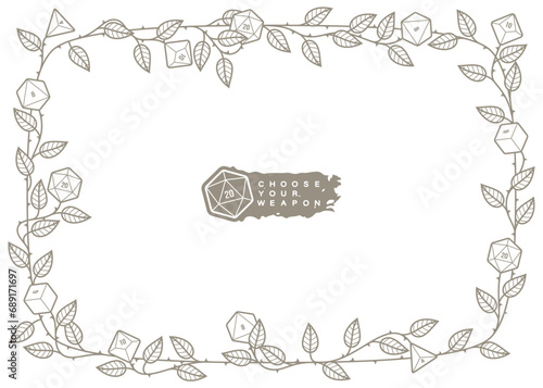 Vector diploma frame board game frame looking like a rose with thorns and leaves, flowers looking like dice. Isolated on white background.