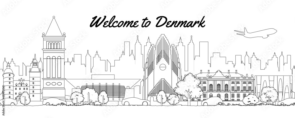 Denmark famous landmark silhouette outline style