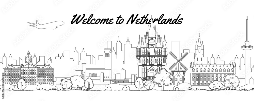 Netherlands famous landmarks by silhouette outline style