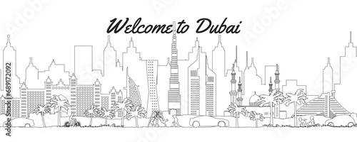 Dubai famous landmarks by silhouette outline style