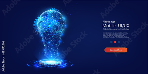 Futuristic Concept Art of Digital Brain with Cogwheels - Innovation and Intelligence Theme. Wireframe light connection structure. Vector illustration