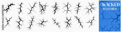 Collection of Black Cracked Textures on Transparent Background for Design Use. Ground cracks top view, earthquake cracking holes. Vector illustration