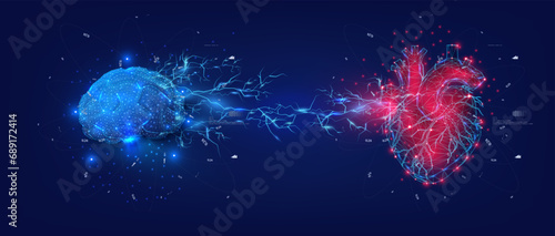 Digital Illustration of Brain and Heart Connectivity in Blue and Red with Electrical Impulses. Wireframe light connection structure. Vector illustration