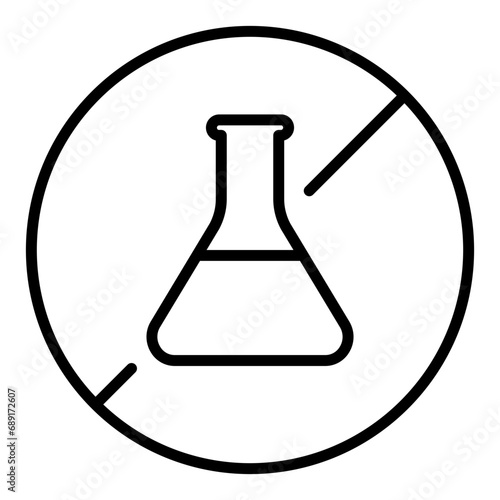 Black single round chemical free badge thin line icon, simple ingredient no contain mark flat design pictogram, infographic vector for app logo web button ui ux interface isolated on white background