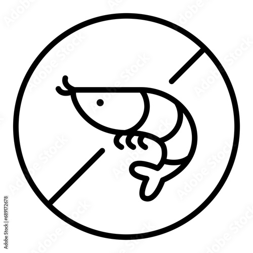 Black single round shrimp free thin line icon, simple allergy ingredient no contain mark flat design pictogram, infographic vector for app logo web button ui ux interface isolated on white background