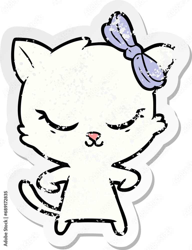distressed sticker of a cute cartoon cat with bow distressed sticker of a cute cartoon cat with bow