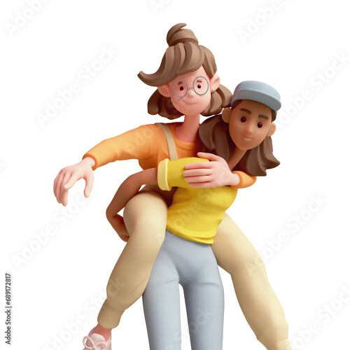 Portrait young black woman carries female friend on her back who points finger in direction. Two cute kawaii positive excited girls with playful mood meet adventure fun. 3d render isolated transparent