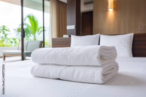 A stack of clean white cotton terry towels on a bed in a hotel room. © LunaLu