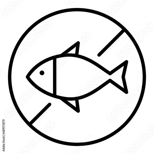 Black single round fish free thin line icon, allergy ingredient no contain mark flat design pictogram, infographic for app logo web button ui ux interface elements isolated on white background