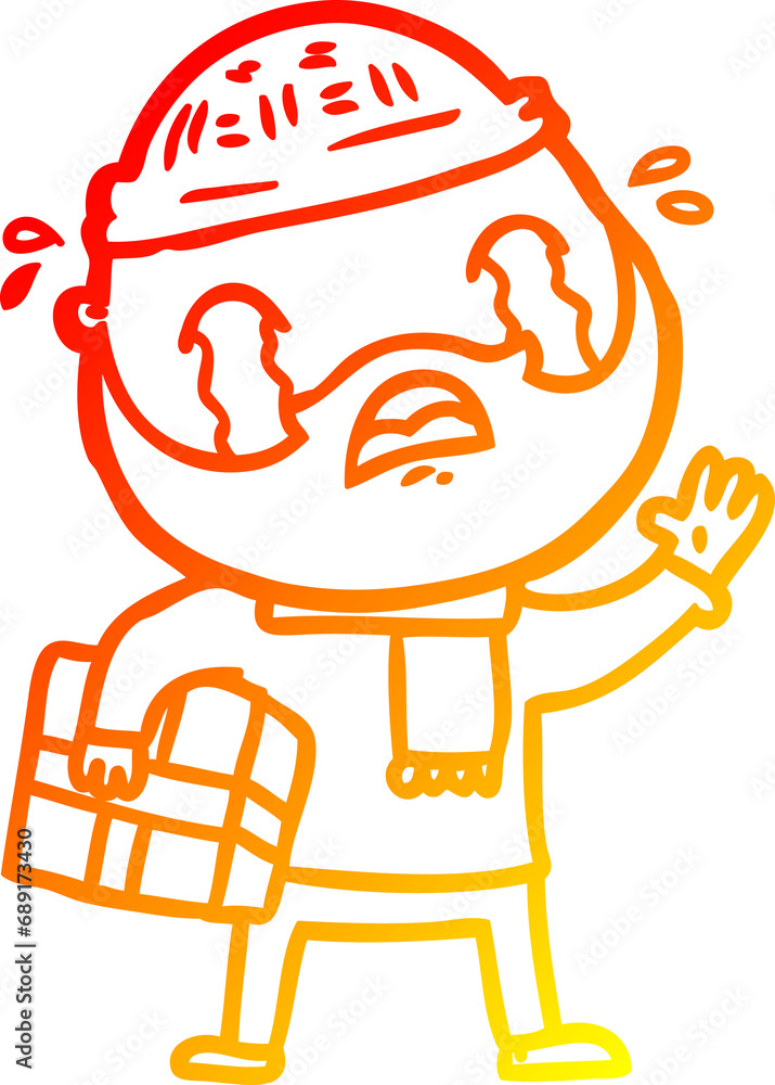 warm gradient line drawing of a cartoon bearded man crying with christmas present warm gradient line drawing of a cartoon bearded man crying with christmas present