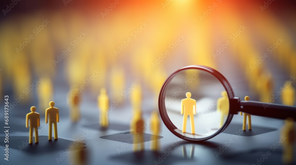 HRM or Human Resource Management, Magnifier glass focus to manager icon which is among staff icons for human development recruitment leadership and customer target. resume, interview. generate by AI - obrazy, fototapety, plakaty 
