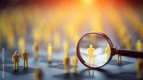 HRM or Human Resource Management, Magnifier glass focus to manager icon which is among staff icons for human development recruitment leadership and customer target. resume, interview. generate by AI photo