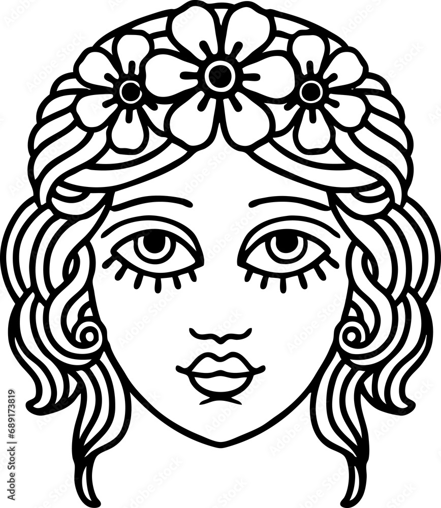 tattoo in black line style of female face with crown of flowers tattoo in black line style of female face with crown of flowers