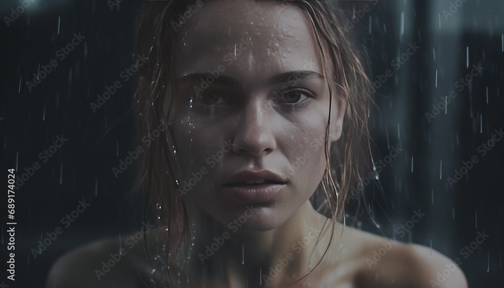 Wet-haired Scandinavian beauty under umbrella, raw and captivating