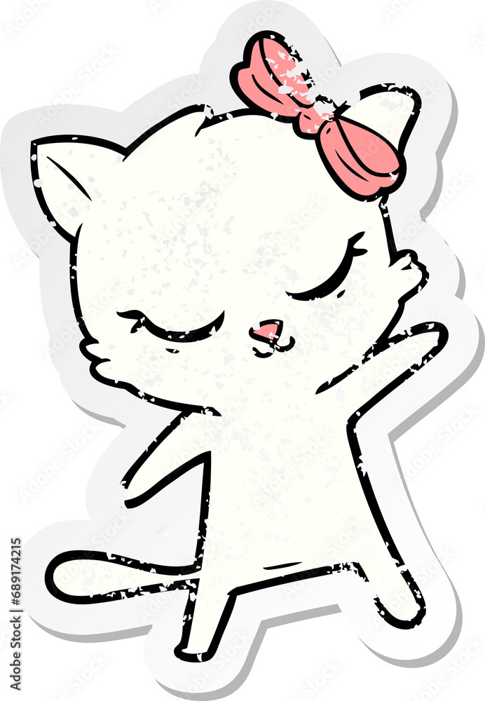distressed sticker of a cute cartoon cat with bow distressed sticker of a cute cartoon cat with bow