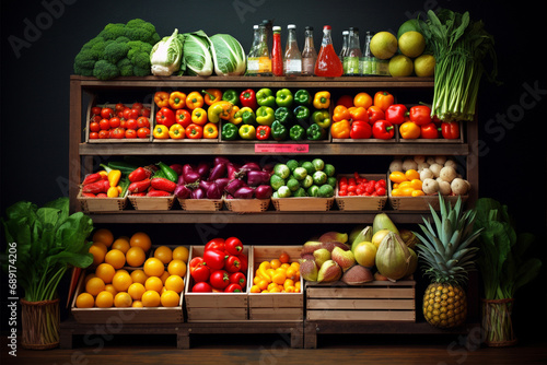 Store with shelves with vegetables and fruits and fresh juices