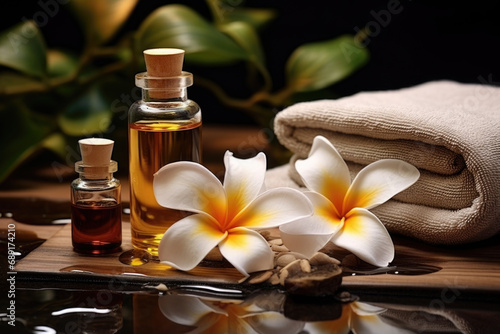 Spa composition with vanilla flower essential oil  zen stones and towels