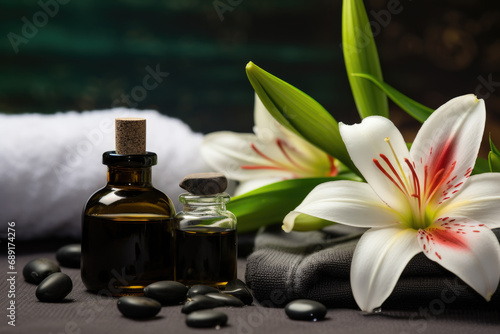 Spa composition with Lily flower essential oil and towels