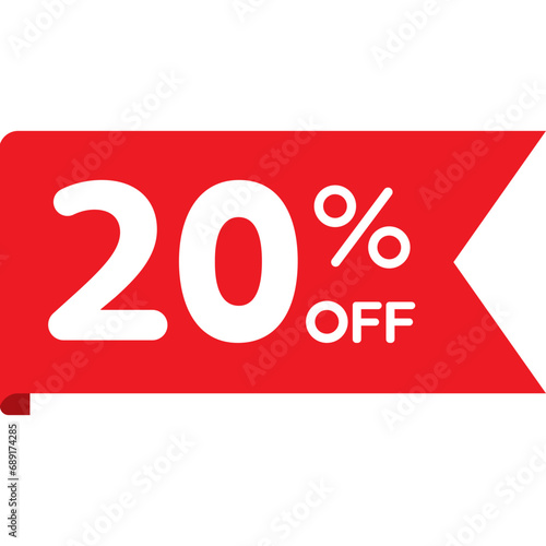 Single red 20% ribbon tag icon, simple modern shopping promo sale flat design vector pictogram, infographic vector for app logo web button ui ux interface elements isolated on white backgroun