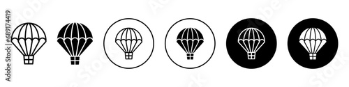 parachute icon. Hot air balloon for travel transport symbol. Floating stripped aerostat flight with basket vector.