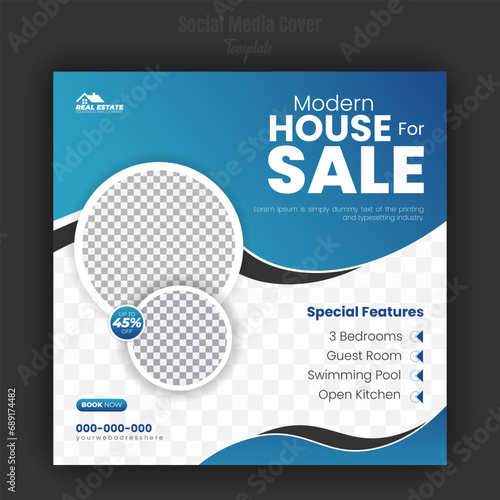 Real estate social media cover design, property sale banner, timeline post, construction dream house business ad design template for social media banner with abstract black and blue colorful shapes