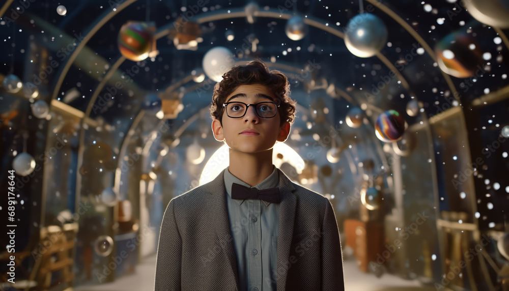 Fototapeta premium Young Middle Eastern boy explores space science exhibition on a school trip