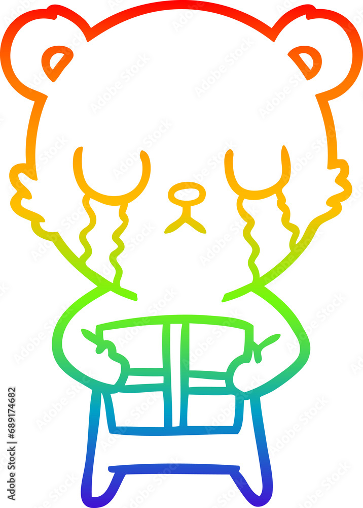 rainbow gradient line drawing of a crying cartoon bear with present rainbow gradient line drawing of a crying cartoon bear with present