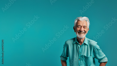 Old man smiling isolated on studio background. Copyspace area