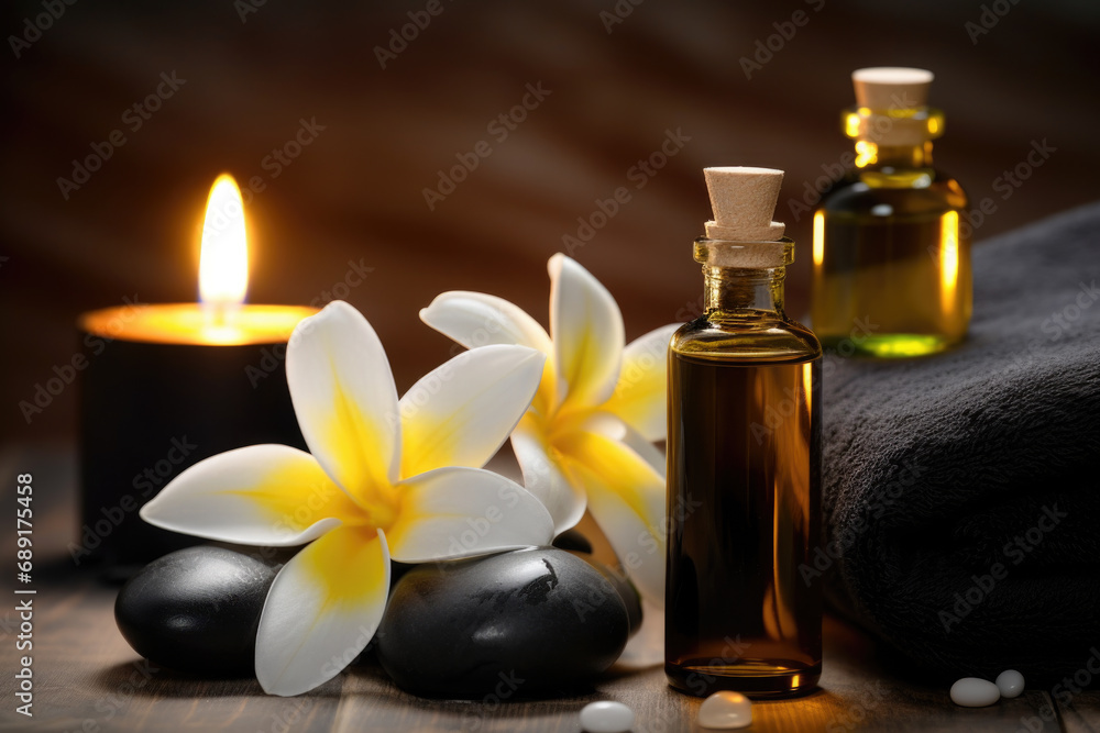 Spa composition with vanilla flower essential oil, zen stones and towels Spa composition with vanilla flower essential oil, zen stones and towels