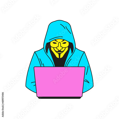 Y2k male hacker cyber crime attack working on laptop groovy style icon vector flat illustration