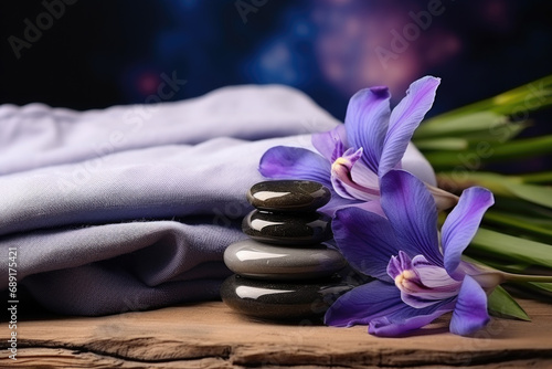 Spa composition with iris essential oil  zen stones and towels