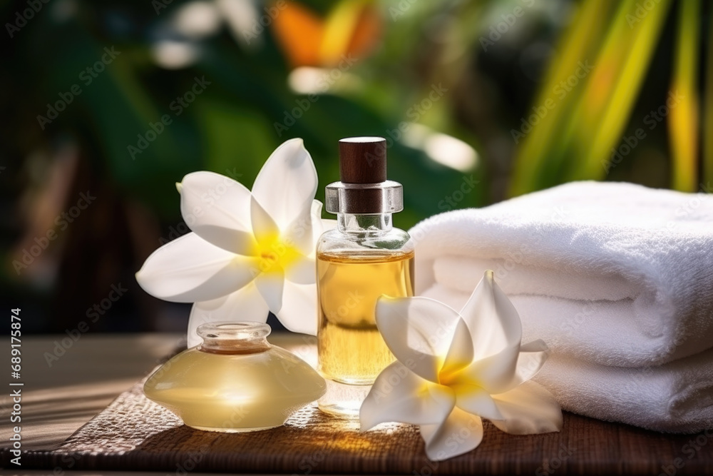 Spa composition with vanilla flower essential oil, zen stones and towels Spa composition with vanilla flower essential oil, zen stones and towels