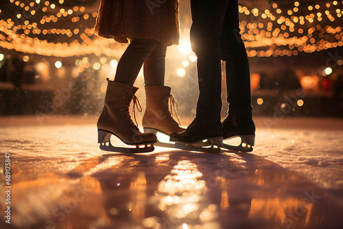Couple's skates gliding on ice, enveloped in sunset's golden glow. valentines day photo