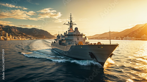 A big navy ship style boat in the sea, beautiful landscape background, military army battleship concept, hd photo